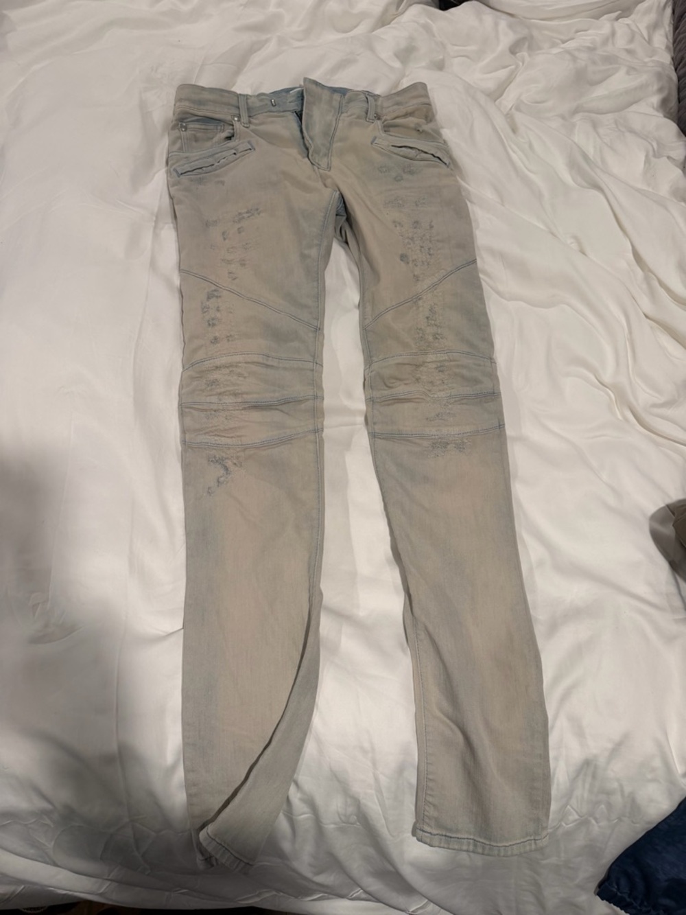 Pierre Balmain Cream Denim Jeans with Black Leather Patch